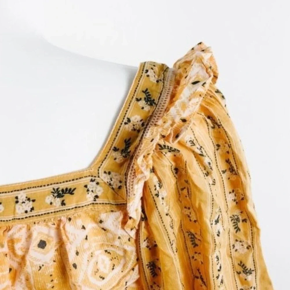 Free People Mustard Yellow Boho Floral Geometric Ruffle Puff Sleeve Blouse Large